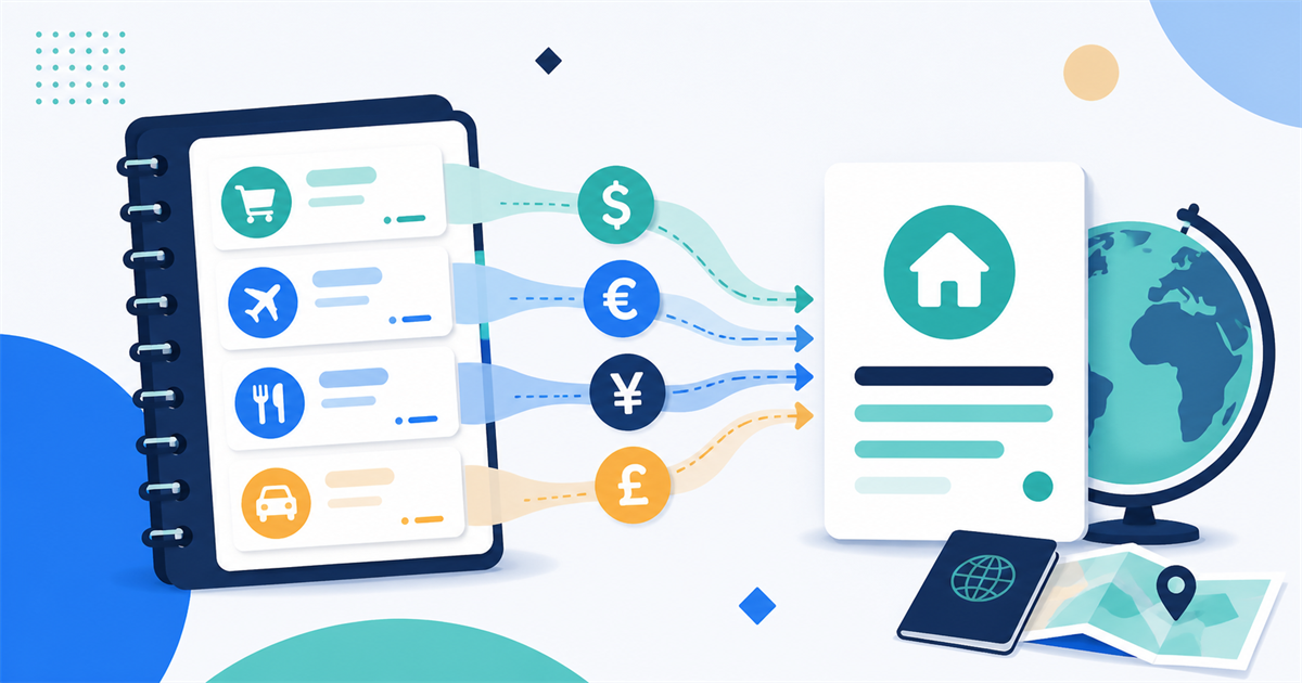 Expense records in several currencies flowing into a home-currency summary