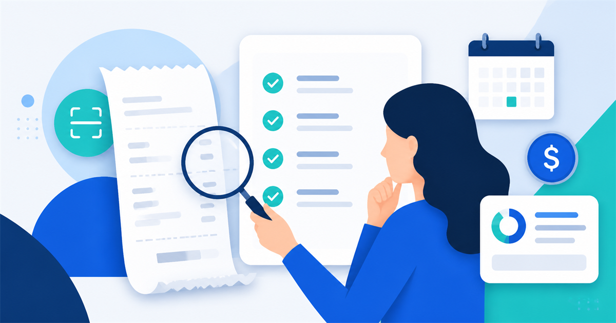 A person reviewing receipt details against a checklist before saving