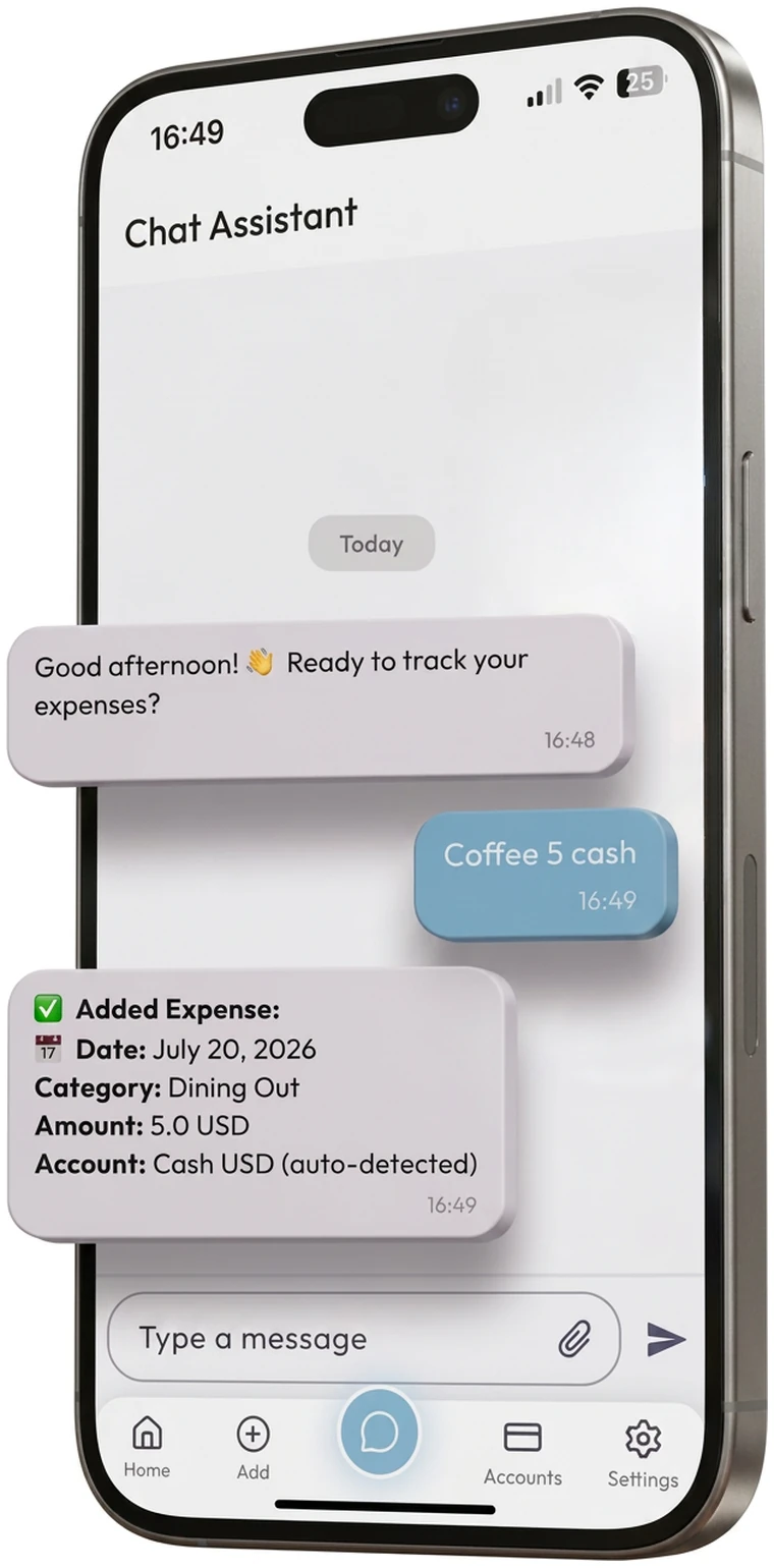 FinAssist chat showing Coffee 5 cash automatically added as an expense from the Cash USD account.